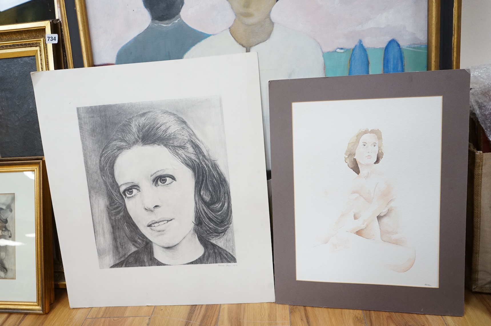 Castillaro, Study of two figures, oil on canvas, together with two portraits of Jackie Onassis, one signed Hohl and another dated 1.2.77, largest 90 x 71cm